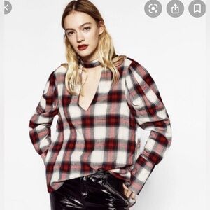 Zara Red and Black Plaid Choker V-Neck Blouse